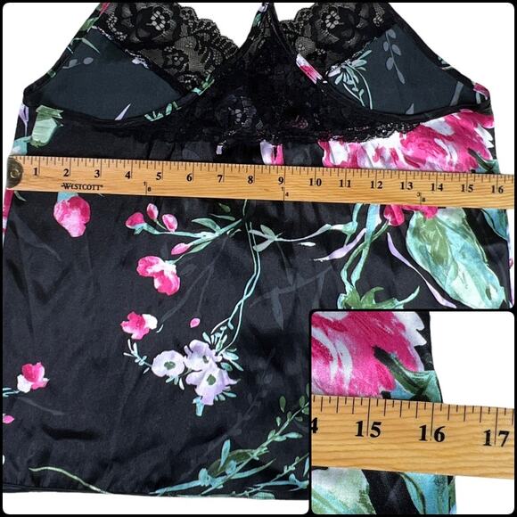 Secret Treasures Silky Satiny Sleep Camisole Black Lace and Floral Print S/CH4-6 - Picture 8 of 9